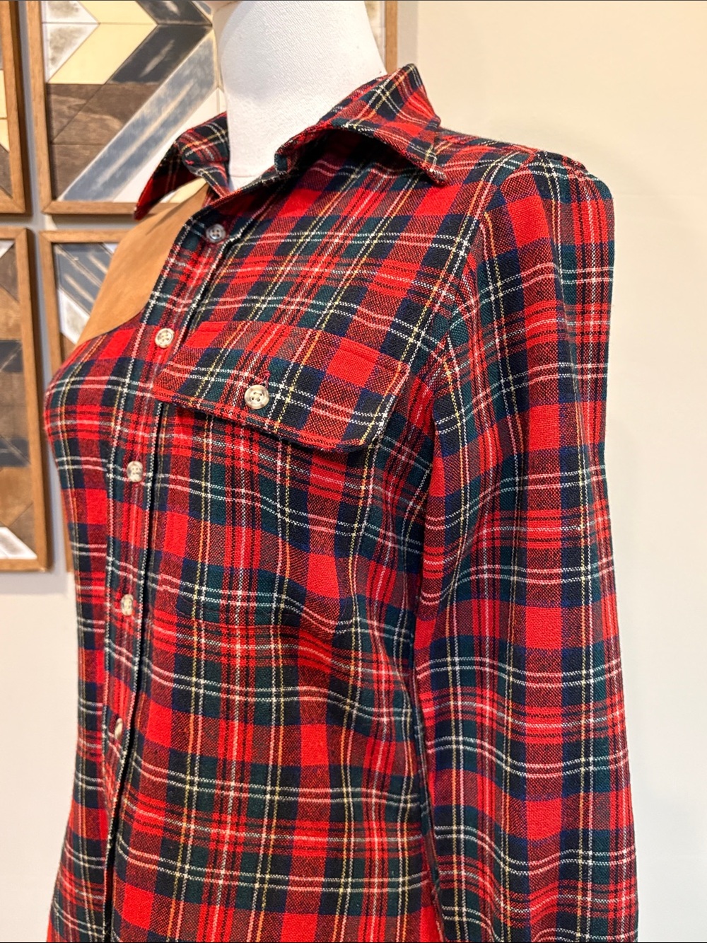 Vintage Ralph Lauren 70s Plaid Button Down Leather Patch Top size 8 *As-Is* - Picture 5 of 16
